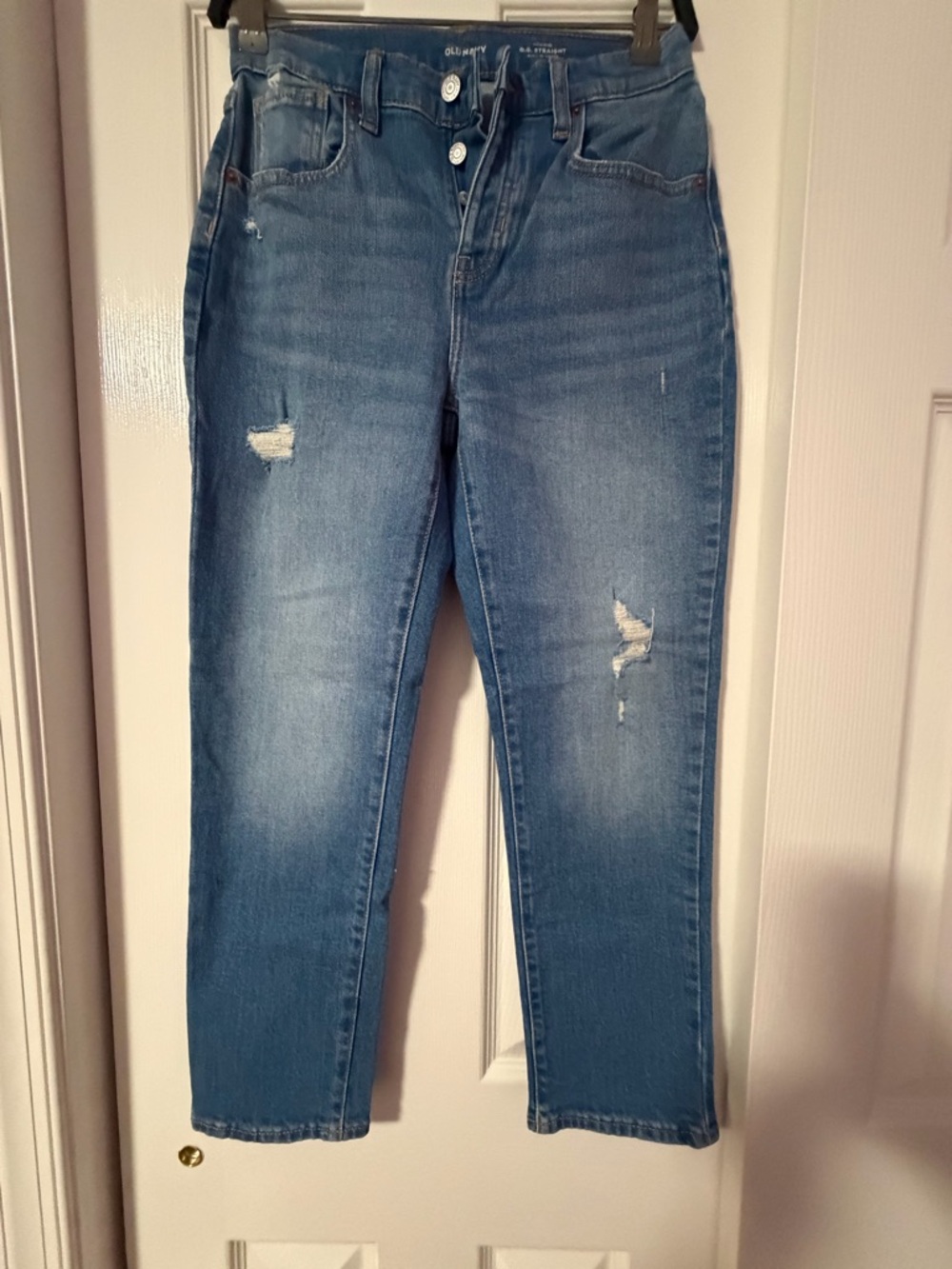 Old Navy Medium Blue High-Rise Straight-Leg Jeans with Light Distressing
